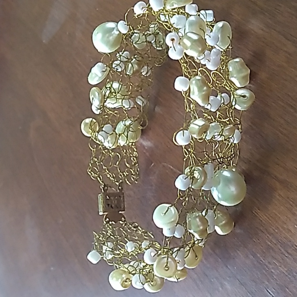 Bracelet Handmade Gold Crochet wire Pearlized Beads 9 inches large
